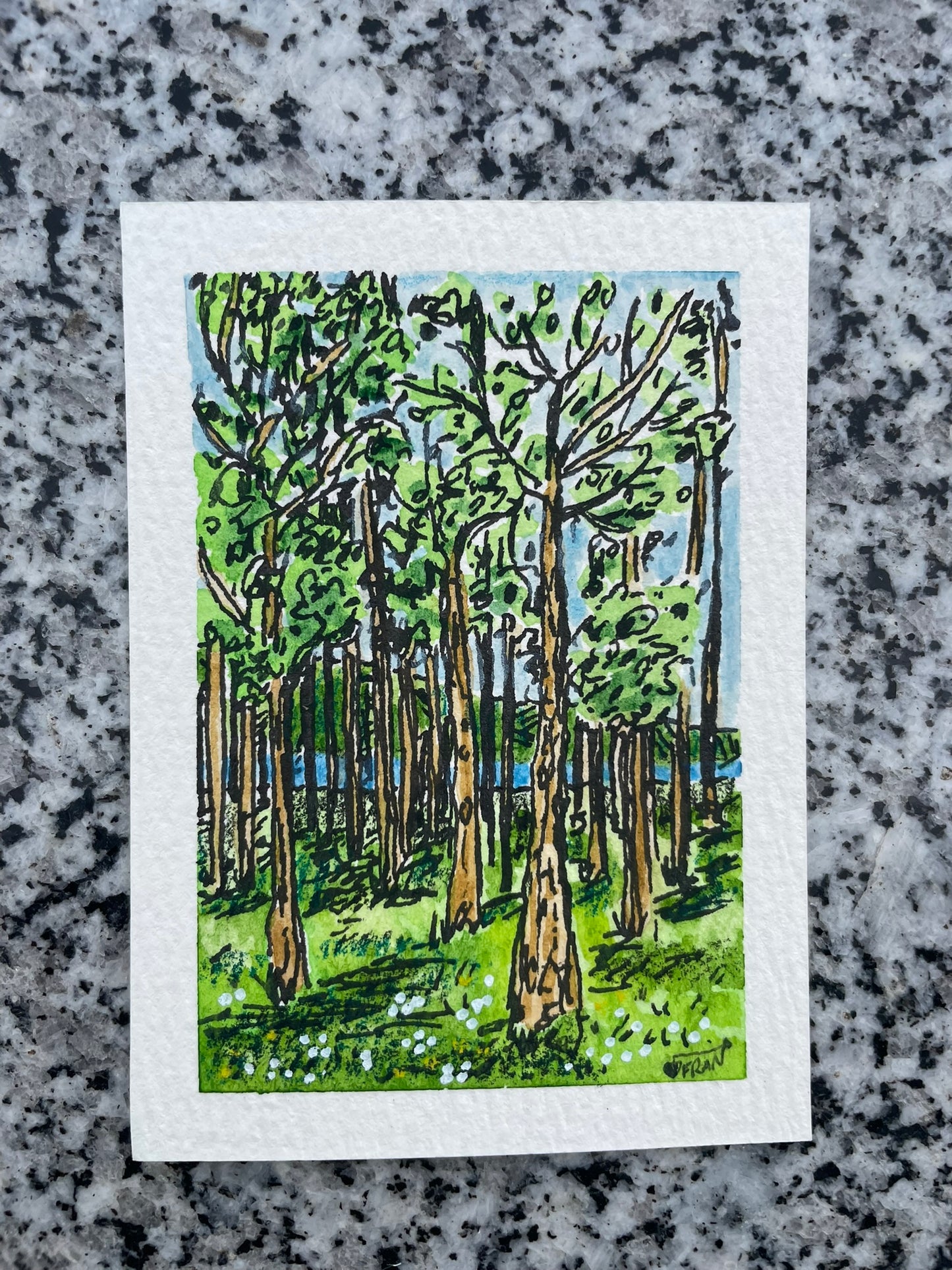 ACEO Original Watercolour Landscape Painting – Spring Forest Scene, France 3.5x2.5" (No.209)