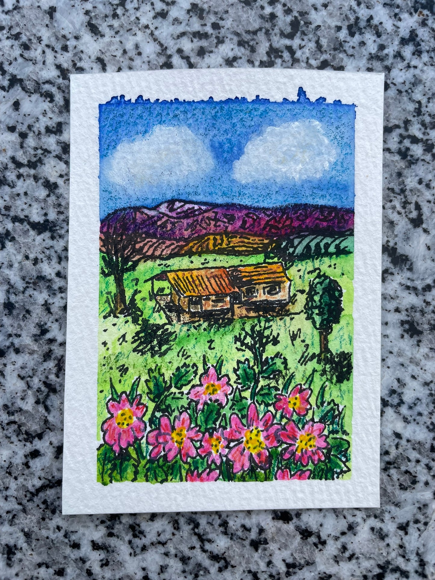 ACEO Original Watercolour 3.5x2.5" - Black Mountains in the Tarn, France (no. 211)