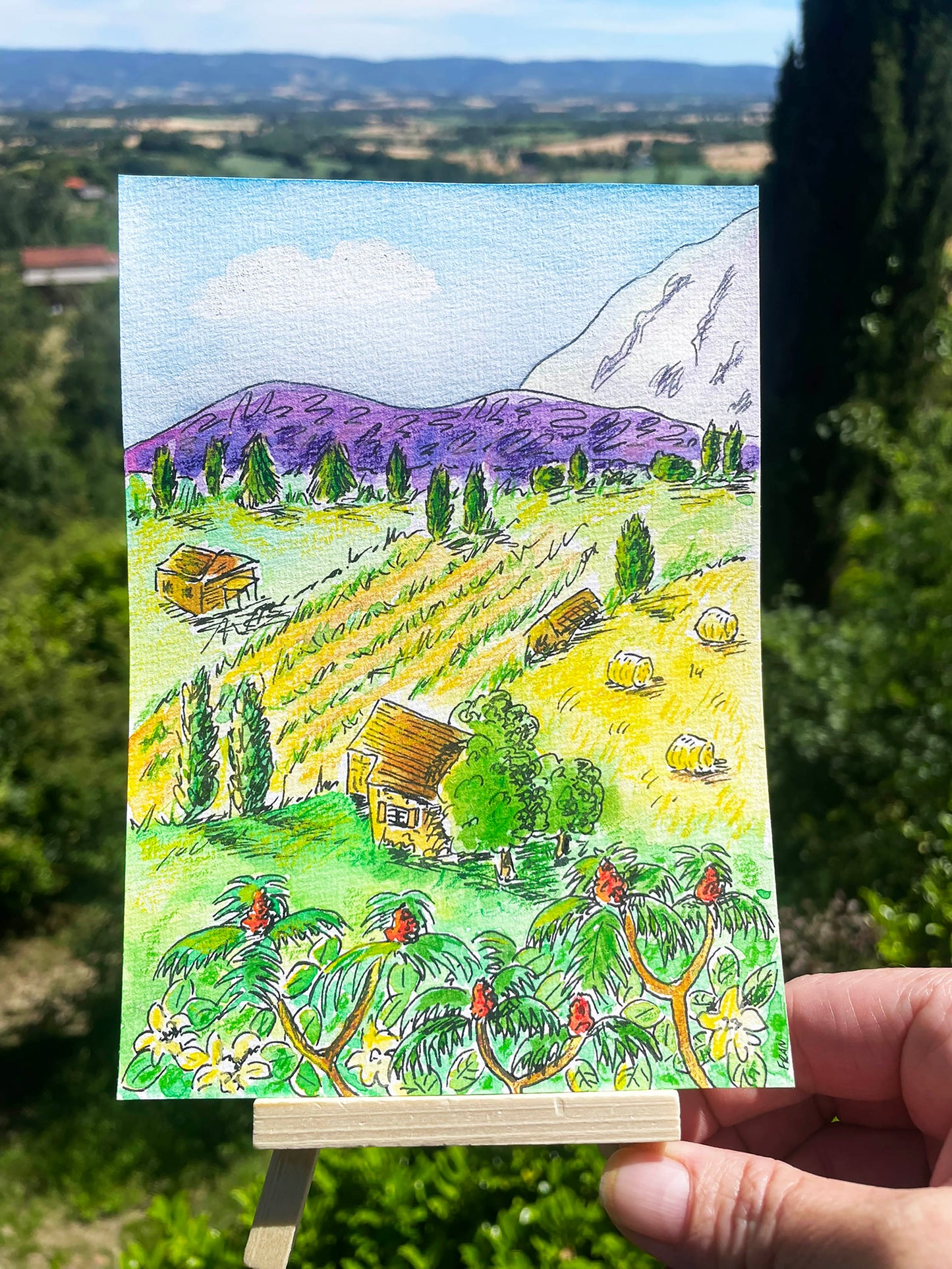 Original Watercolour 7 x 5" - Hay Bales by the Black Mountains, France - By Frances Marcellin (Copy)