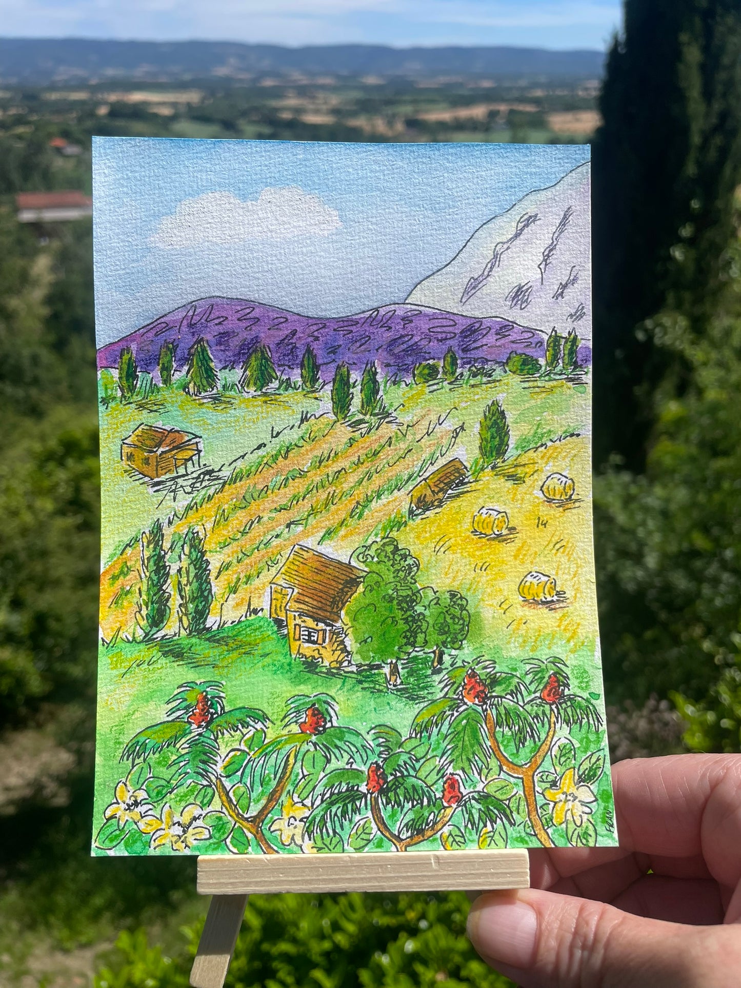 Original Watercolour 7 x 5" - Hay Bales by the Black Mountains, France - By Frances Marcellin (Copy)