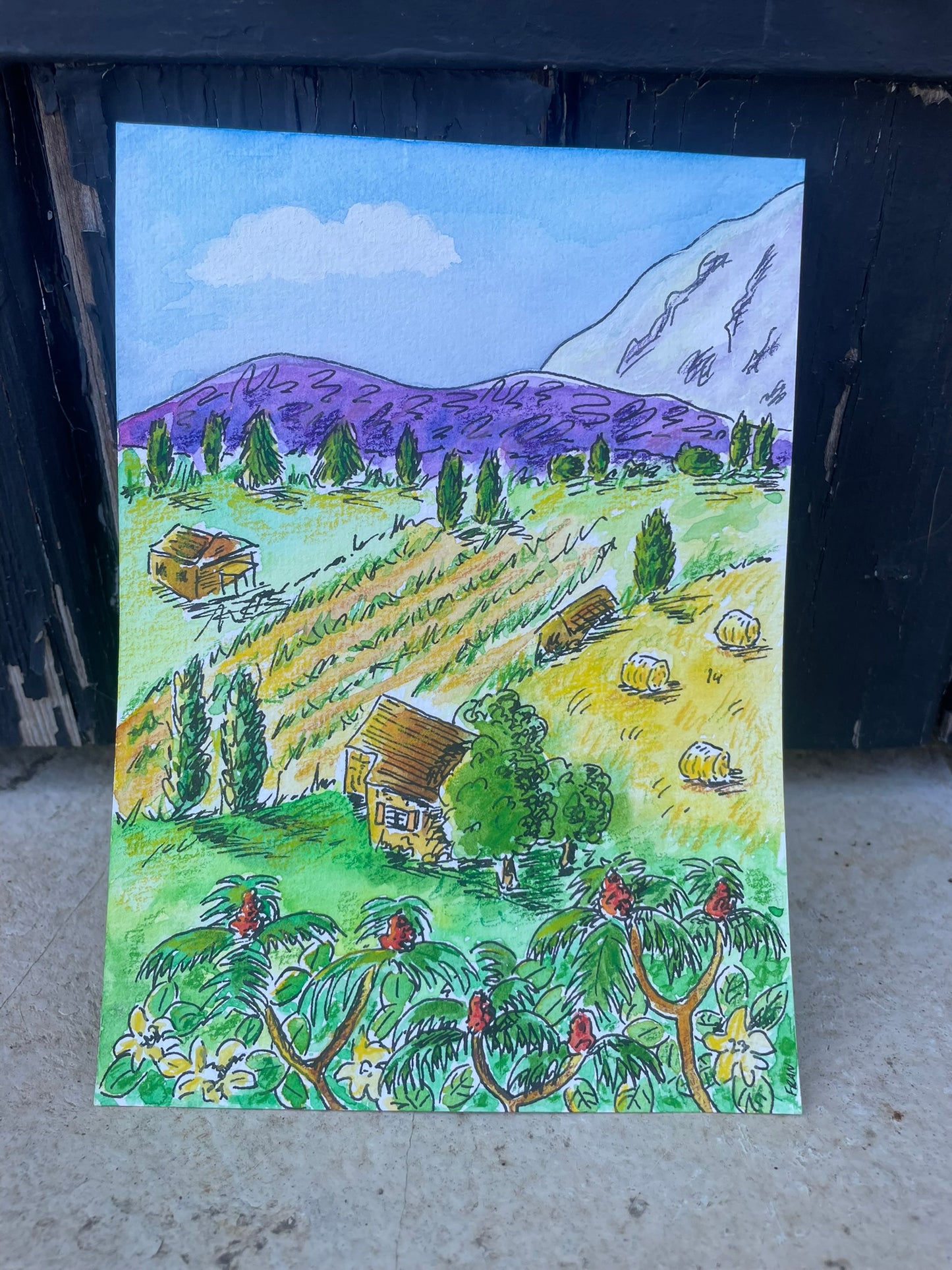Original Watercolour 7 x 5" - Hay Bales by the Black Mountains, France - By Frances Marcellin (Copy)
