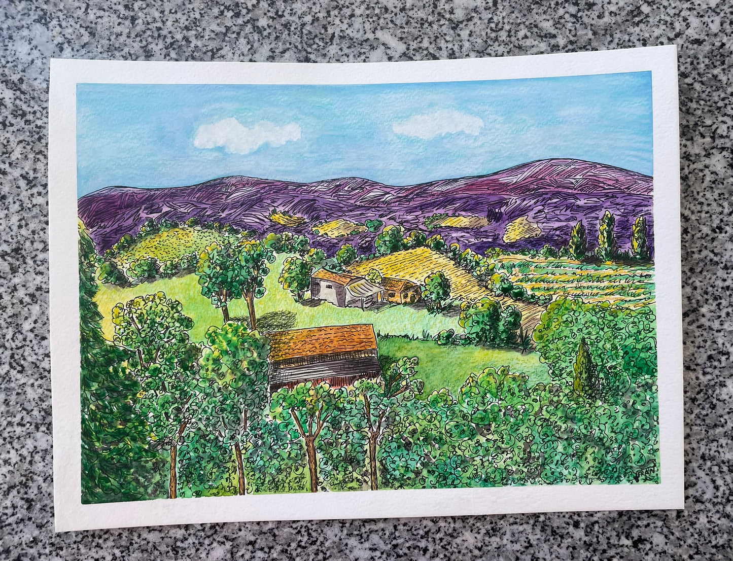 Original Watercolour 12.6 x 9.4" - Summer in the Black Mountains, France - By Frances Marcellin