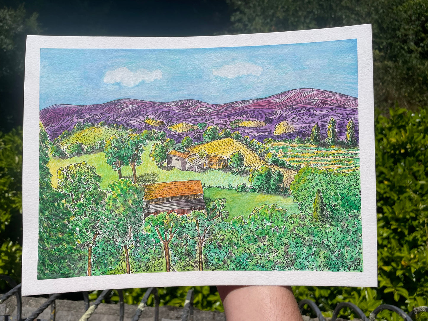 Original Watercolour 12.6 x 9.4" - Summer in the Black Mountains, France - By Frances Marcellin
