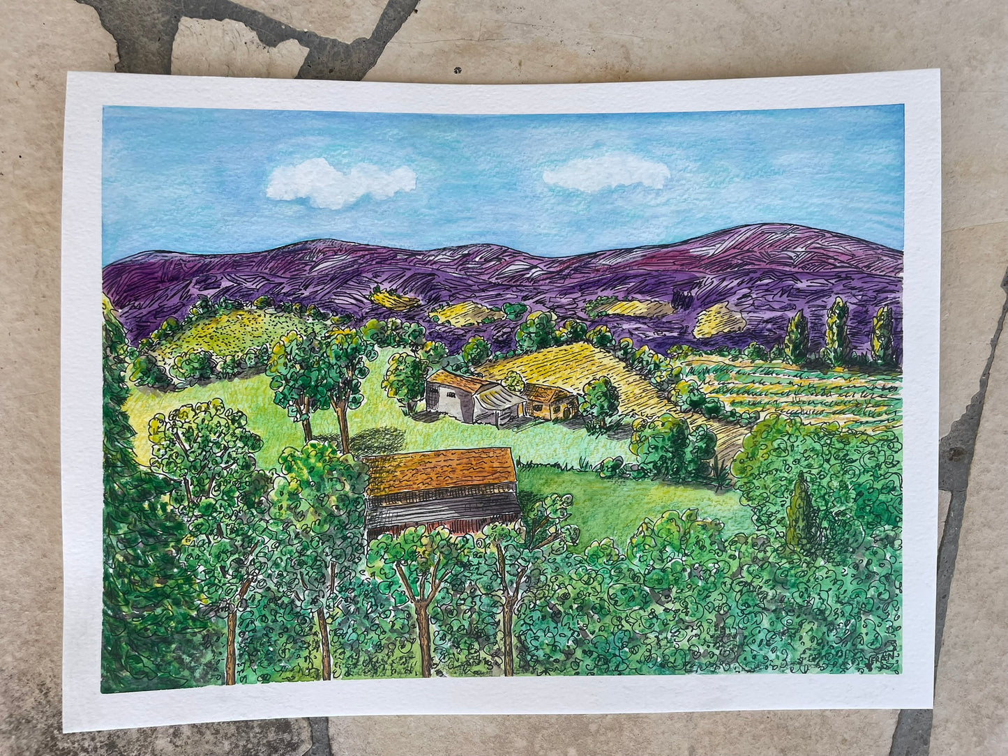 Original Watercolour 12.6 x 9.4" - Summer in the Black Mountains, France - By Frances Marcellin