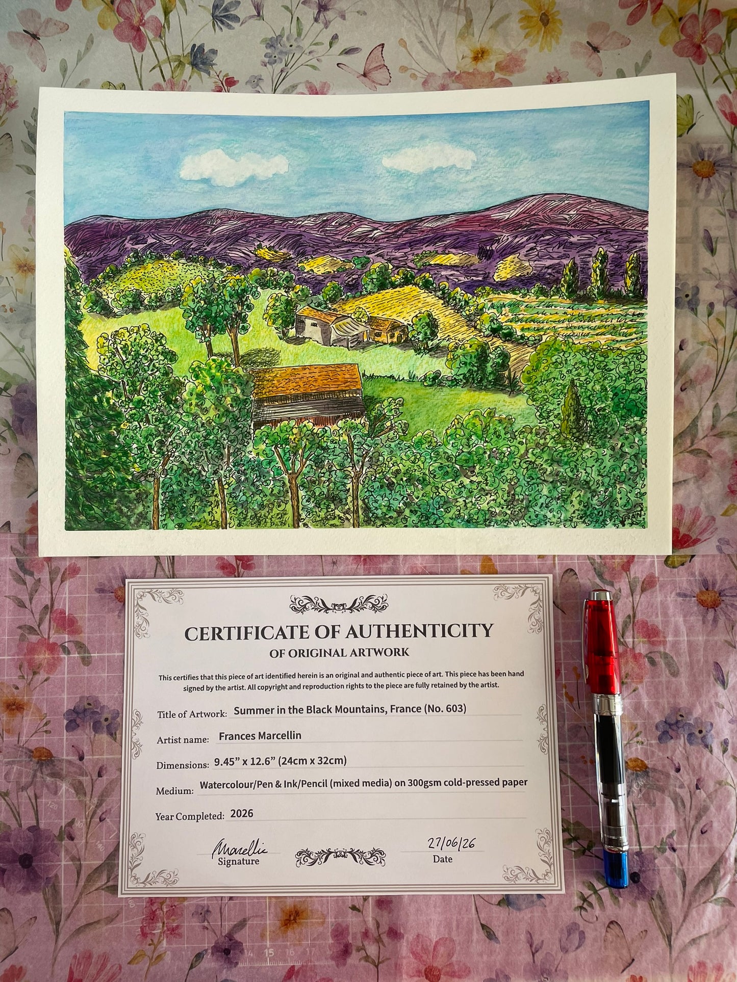 Original Watercolour 12.6 x 9.4" - Summer in the Black Mountains, France - By Frances Marcellin