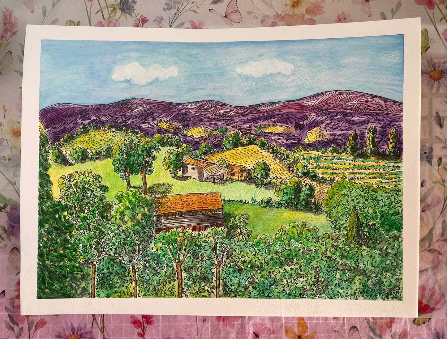 Original Watercolour 12.6 x 9.4" - Summer in the Black Mountains, France - By Frances Marcellin