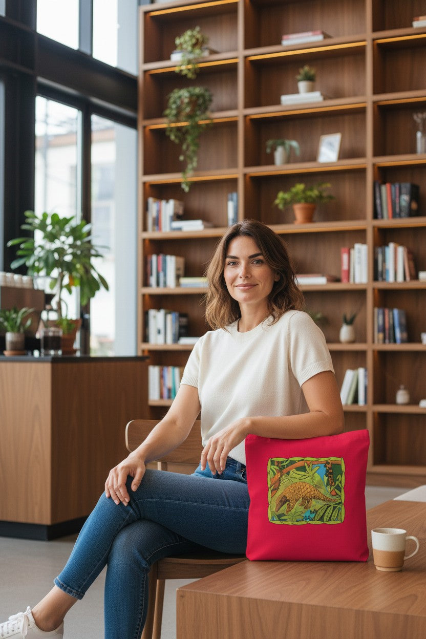 Pangolin Tote Bag - colour red | Eco-Friendly Cotton Bag | Endangered Animals Collection