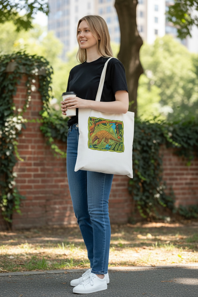 Pangolin Tote Bag - colour white | Eco-Friendly Cotton Bag | Endangered Animals Collection