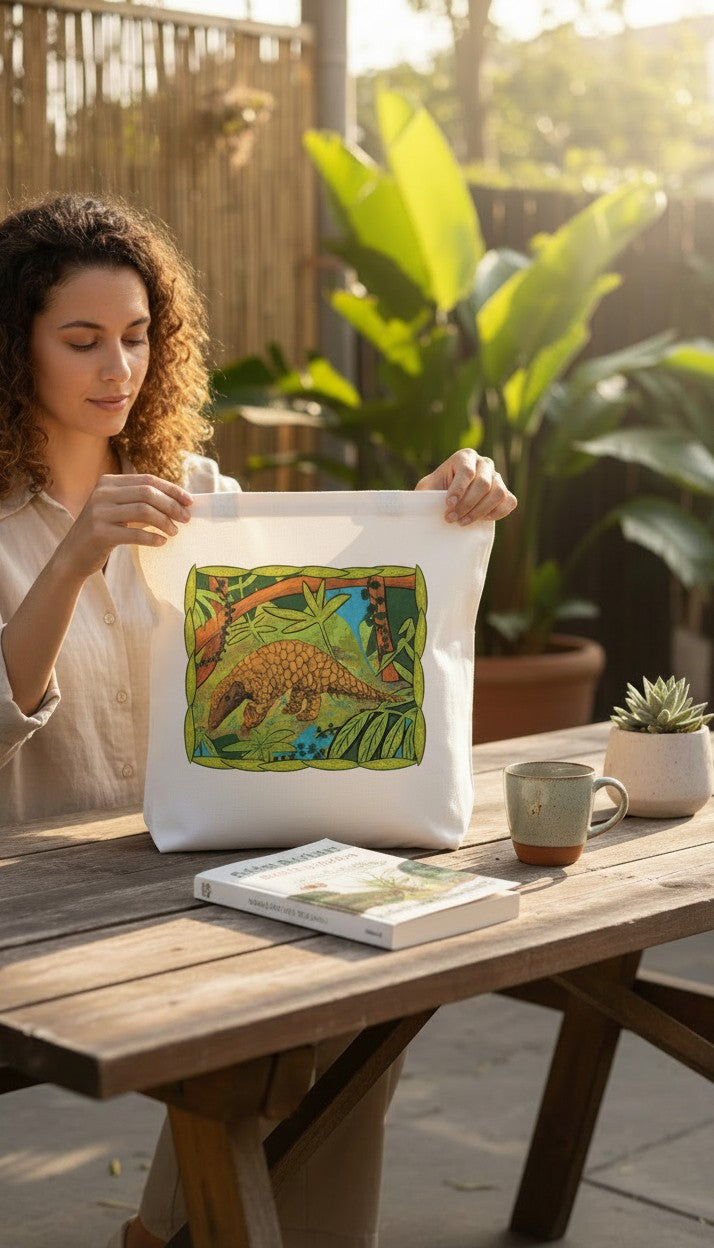 Pangolin Tote Bag - colour white | Eco-Friendly Cotton Bag | Endangered Animals Collection
