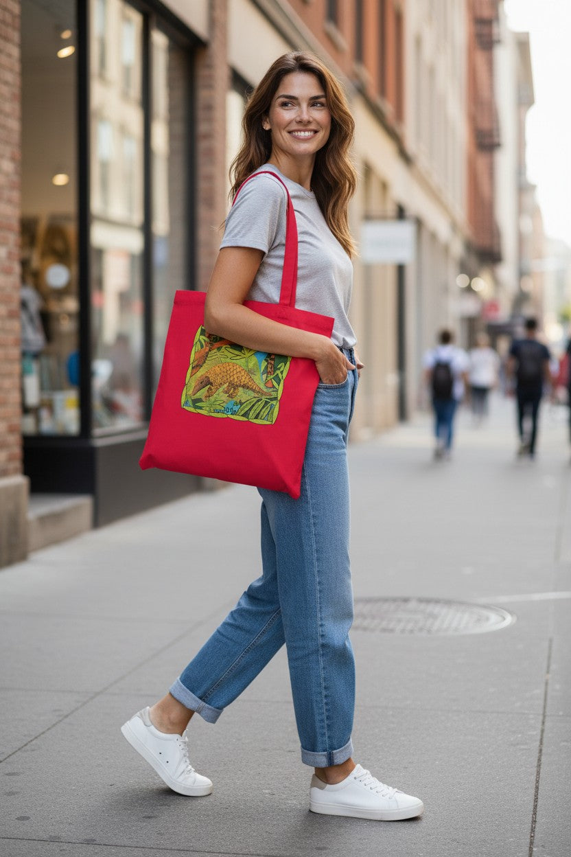Pangolin Tote Bag - colour red | Eco-Friendly Cotton Bag | Endangered Animals Collection