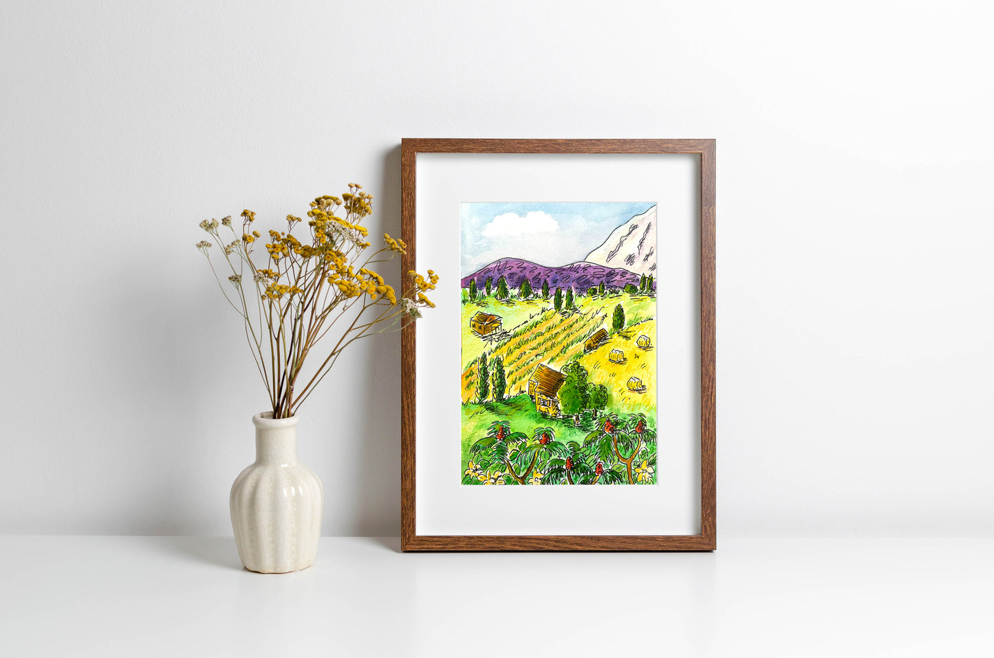 Original Watercolour 7 x 5" - Hay Bales by the Black Mountains, France - By Frances Marcellin (Copy)