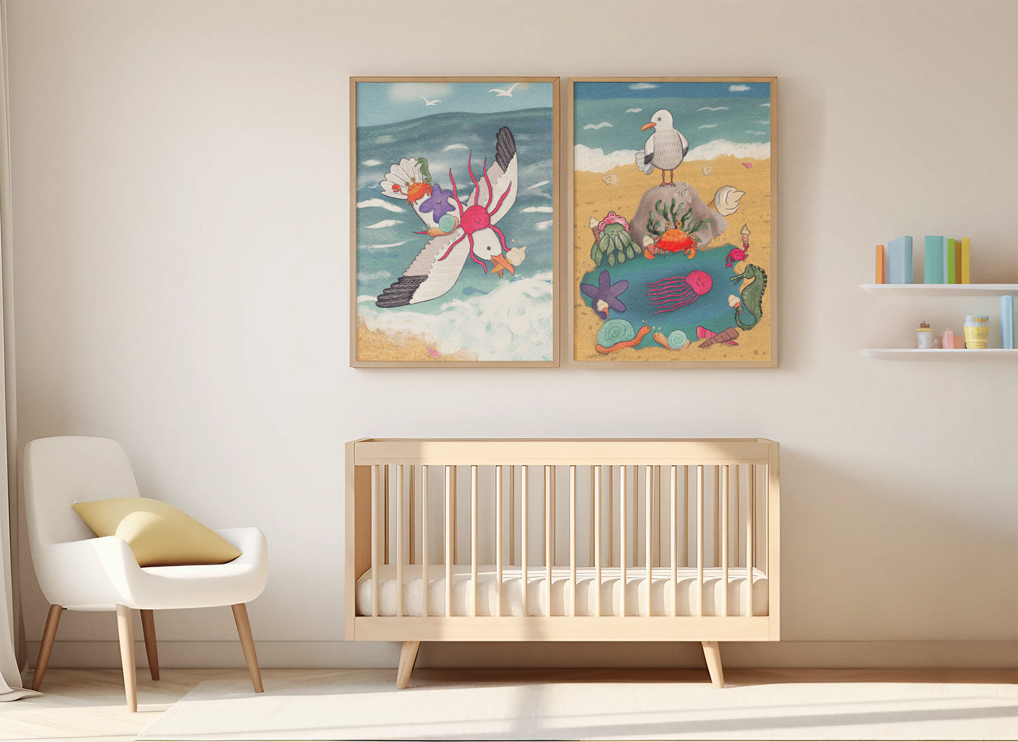 Seagull Squad – Hand-Drawn Kids’ Art Print - Premium Matte Paper Wooden Framed Poster