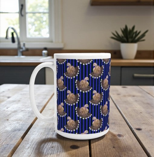 Partridge on Deep Blue & Black Stripes Mug - 15oz Modern Christmas Cup