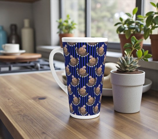 Partridge on Blue & Black Stripes Latte Mug - 17oz / 500ml Modern Christmas Cup