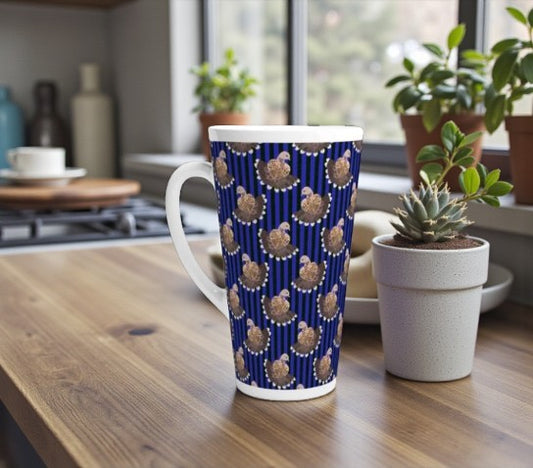 Partridge on Blue & Black Stripes Latte Mug - 17oz / 500ml Modern Christmas Cup